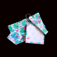 Image 1 of Colorful Handmade Matching Set, flamingo, tropical, leaves, gift, zipper, bookmark, key, lanyard
