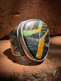 Image 1 of WL&A Handmade Heavy Ingot  Black Jack Thunderbird Ring - Size 10