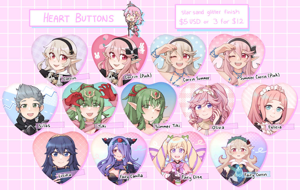 Image of Fire Emblem Sand Glitter Heart Pins by Robin [PRE-ORDER]