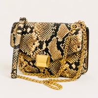 Snake-Print Chain Shoulder Bag in Tan & Black