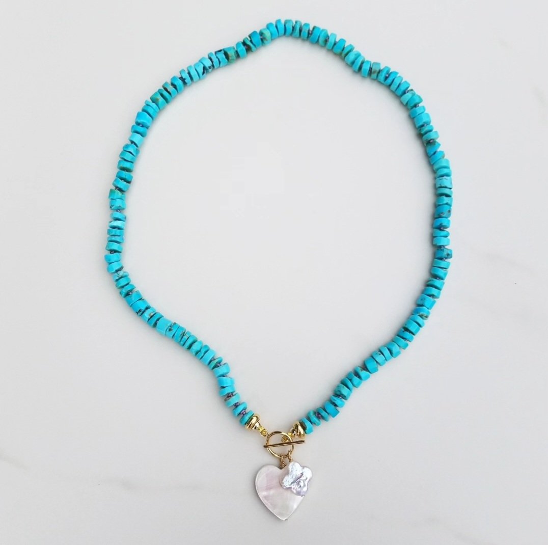 Turquoise Necklace with Clover and Heart Charms