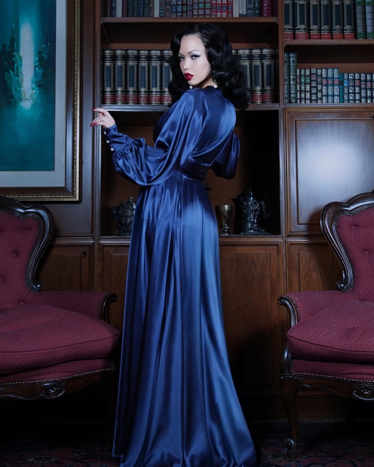 Midnight Blue "Beverly" Dressing Gown w/ Crystal Button Cuffs  
