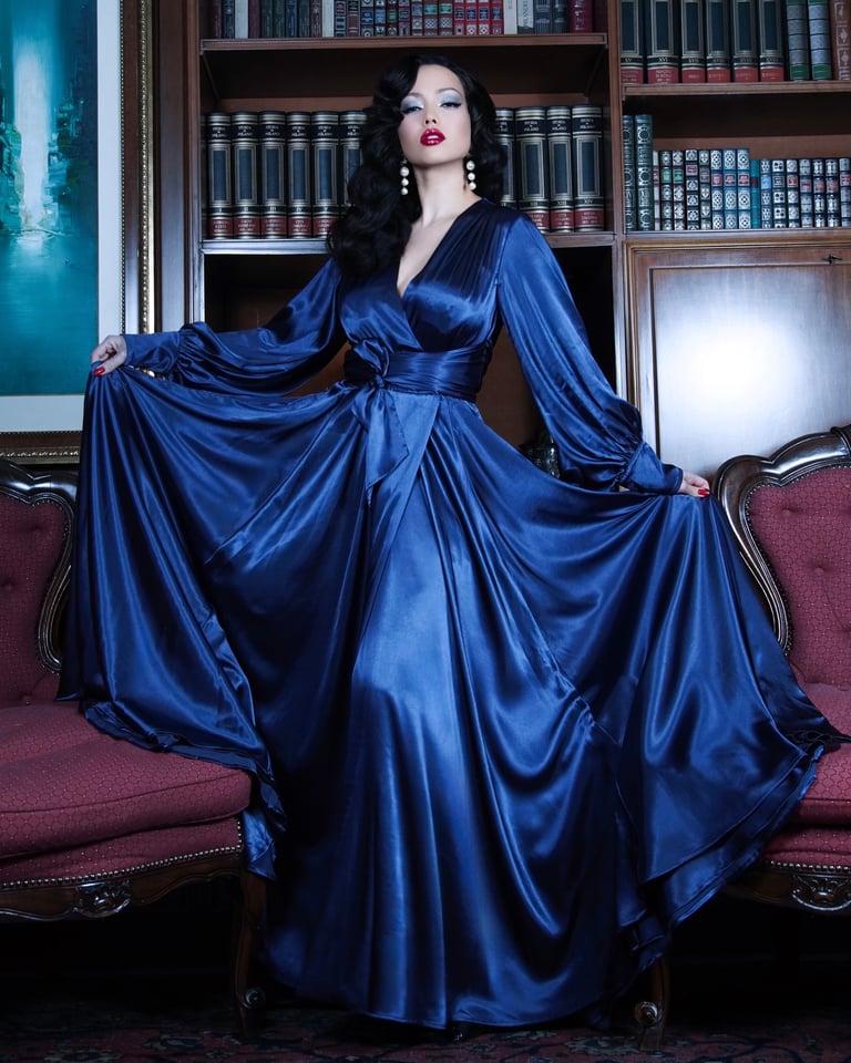Midnight Blue "Beverly" Dressing Gown w/ Crystal Button Cuffs   Image 2