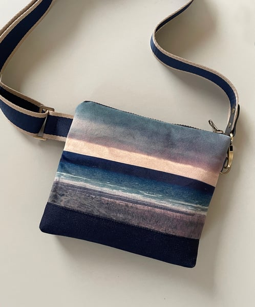 Image of Seascape stripe, printed velvet mini crossbody / belt bag