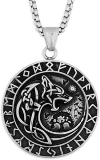Image 2 of 👑The Armored Kingdom Silver Skoll Hati Wolf Encircled with Runes Necklace-Norse Mythology