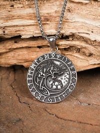 Image 3 of 👑The Armored Kingdom Silver Skoll Hati Wolf Encircled with Runes Necklace-Norse Mythology