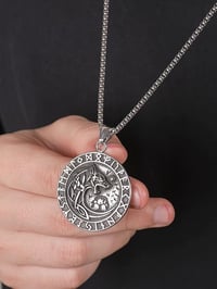 Image 5 of 👑The Armored Kingdom Silver Skoll Hati Wolf Encircled with Runes Necklace-Norse Mythology