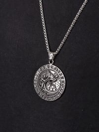 Image 6 of 👑The Armored Kingdom Silver Skoll Hati Wolf Encircled with Runes Necklace-Norse Mythology