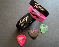 Image 1 of Tuff 3 Bracelet Set, 1 Leather Wrist Wrap, 2 Rubber Bracelets & 3 Guitar Picks. (3 Avail) 