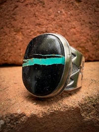 Image 2 of WL&A Handmade Heavy Ingot  Black Jack Thunderbird Ring - Size 10.5