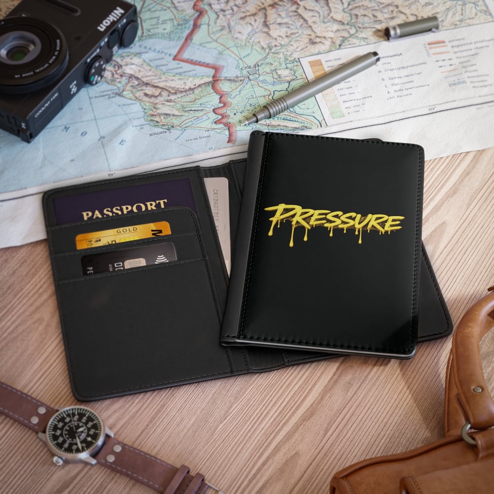 Image of Pressure Graffiti Passport Cover – Black Travel Passport Holder with Yellow Drip Text
