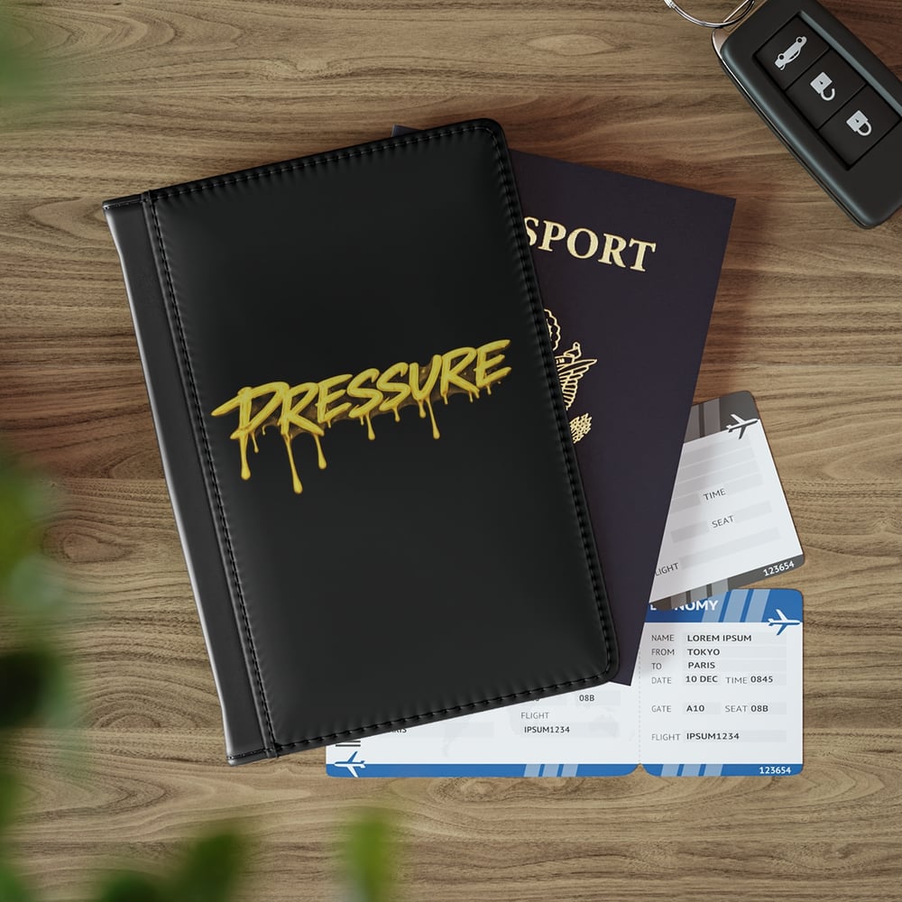 Image of Pressure Graffiti Passport Cover – Black Travel Passport Holder with Yellow Drip Text