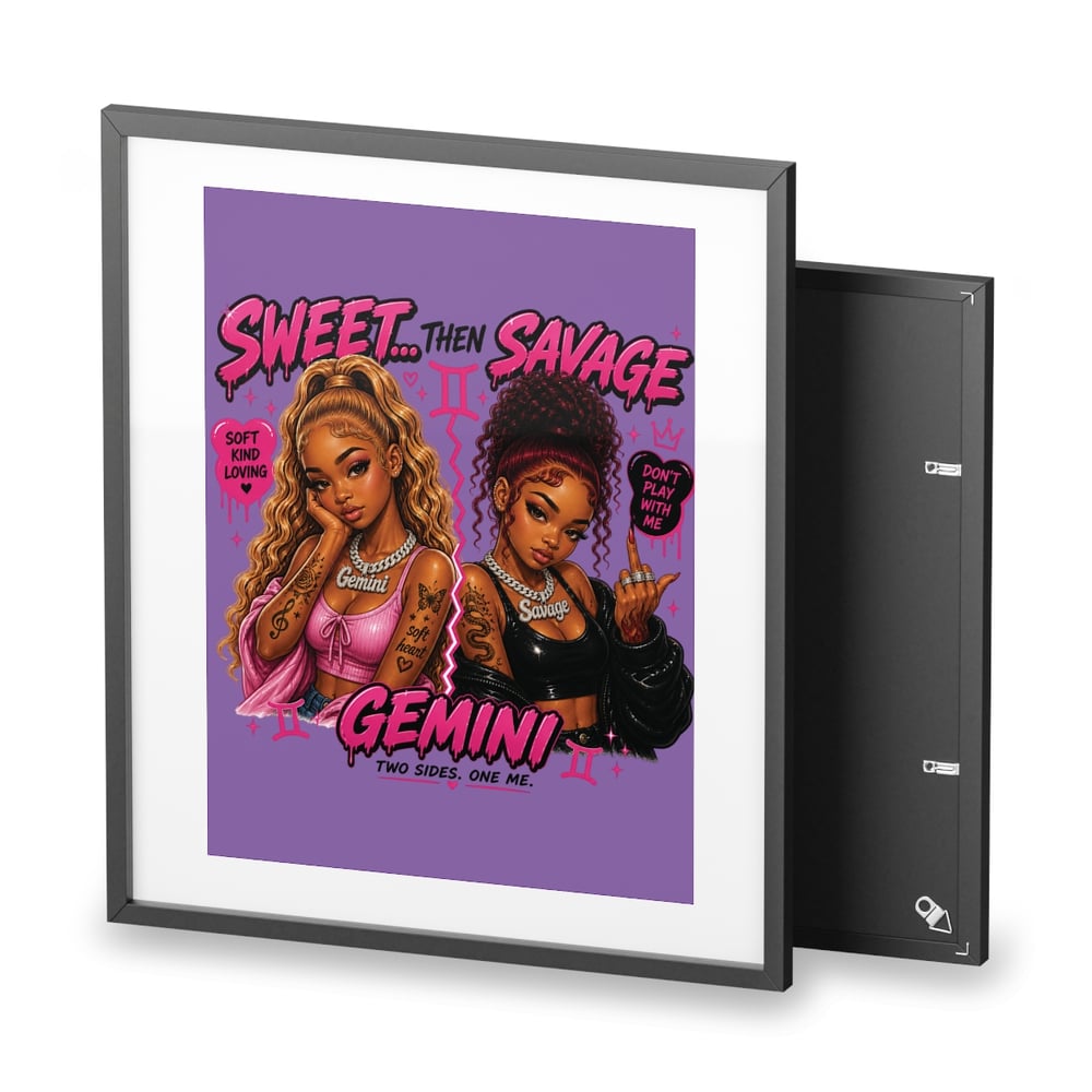 Image of Gemini Zodiac Art Print — "Sweet Then Savage" Framed Poster