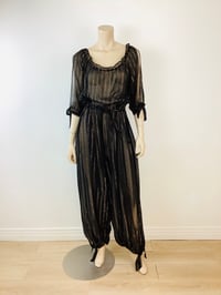 Image 1 of Vintage 1970s Black & Gold Metallic Threads Harem Pants Boho Jumpsuit