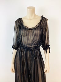 Image 2 of Vintage 1970s Black & Gold Metallic Threads Harem Pants Boho Jumpsuit