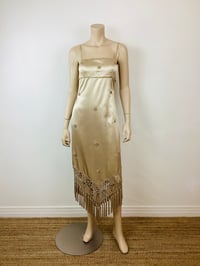 Image 1 of Vintage 1990s Y2K Champagin Satin & Macrame Fringe Slip Dress with Shawl