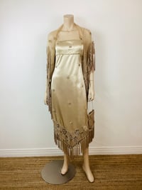 Image 3 of Vintage 1990s Y2K Champagin Satin & Macrame Fringe Slip Dress with Shawl