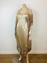 Image 4 of Vintage 1990s Y2K Champagin Satin & Macrame Fringe Slip Dress with Shawl