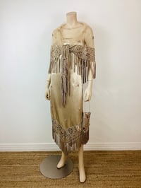 Image 5 of Vintage 1990s Y2K Champagin Satin & Macrame Fringe Slip Dress with Shawl