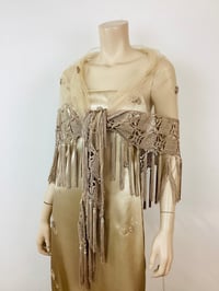 Image 6 of Vintage 1990s Y2K Champagin Satin & Macrame Fringe Slip Dress with Shawl