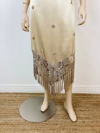 Image 8 of Vintage 1990s Y2K Champagin Satin & Macrame Fringe Slip Dress with Shawl