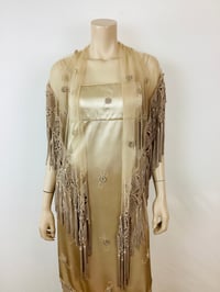 Image 14 of Vintage 1990s Y2K Champagin Satin & Macrame Fringe Slip Dress with Shawl