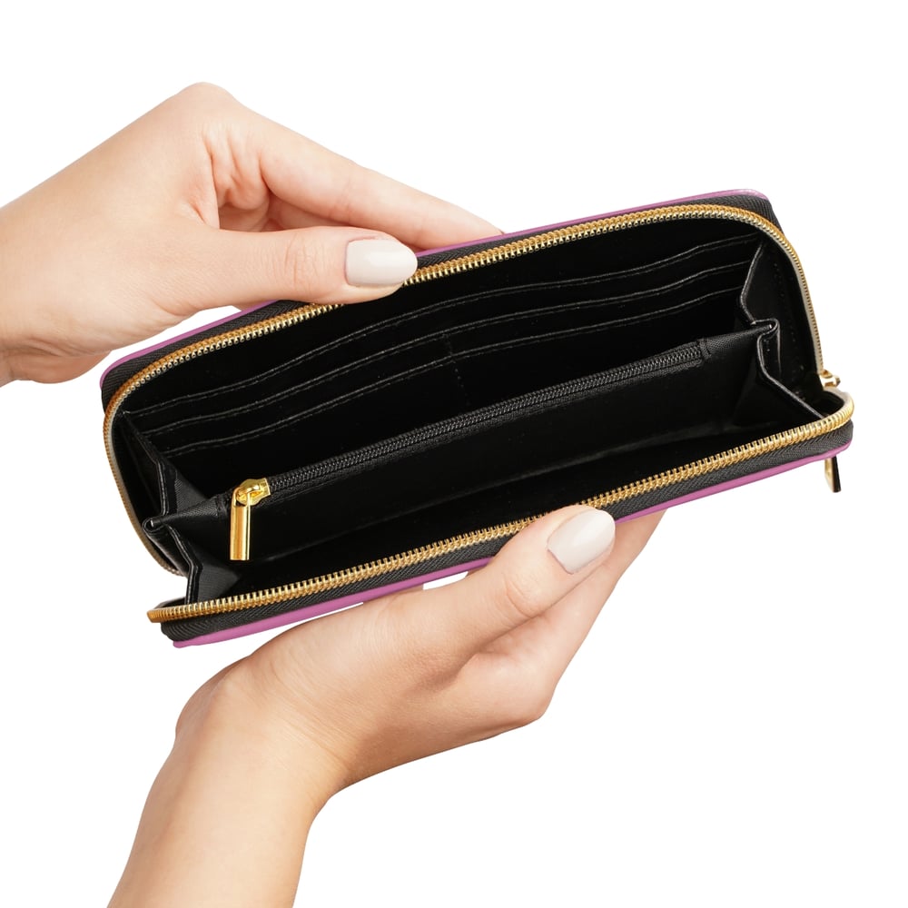 Image of Zipper Wallet — Pink "Ms. Clocks It Every Time" Script Logo Wallet