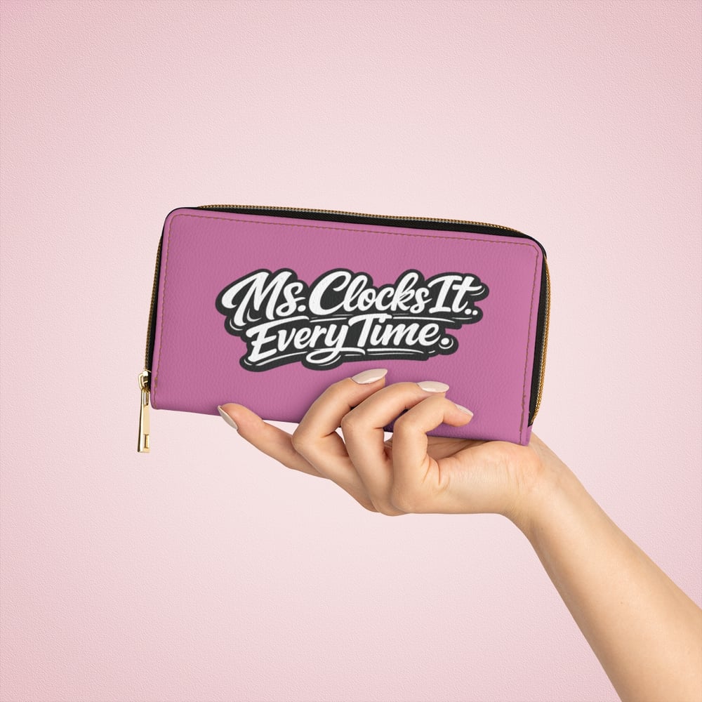 Image of Zipper Wallet — Pink "Ms. Clocks It Every Time" Script Logo Wallet