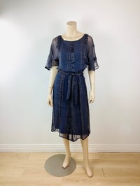 Image 1 of Vintage 1970s Silk Farm Blue & Gold Metallic Thread Dress