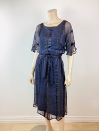 Image 2 of Vintage 1970s Silk Farm Blue & Gold Metallic Thread Dress