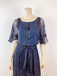 Image 3 of Vintage 1970s Silk Farm Blue & Gold Metallic Thread Dress
