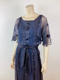 Image 5 of Vintage 1970s Silk Farm Blue & Gold Metallic Thread Dress