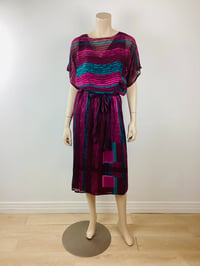 Image 1 of Vintage 1970s Silk Farm Fuschia & Teal Dress