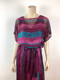 Image 2 of Vintage 1970s Silk Farm Fuschia & Teal Dress