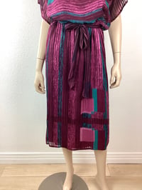 Image 3 of Vintage 1970s Silk Farm Fuschia & Teal Dress