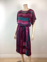 Image 4 of Vintage 1970s Silk Farm Fuschia & Teal Dress