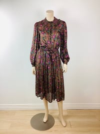 Image 1 of Vintage 1970s Silk Floral Print Metallic Thread Dress