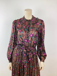 Image 2 of Vintage 1970s Silk Floral Print Metallic Thread Dress