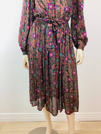 Image 3 of Vintage 1970s Silk Floral Print Metallic Thread Dress