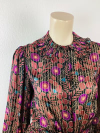 Image 4 of Vintage 1970s Silk Floral Print Metallic Thread Dress