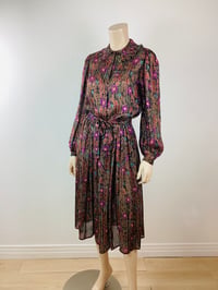Image 5 of Vintage 1970s Silk Floral Print Metallic Thread Dress