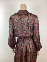 Image 9 of Vintage 1970s Silk Floral Print Metallic Thread Dress