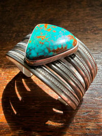Image 1 of WL&A Handmade Old Style Heavy Ingot Gem Webbed Pilot Mtn Turquoise Row Cuff - 7.25 to 7.5" Wrist