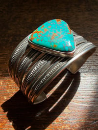 Image 2 of WL&A Handmade Old Style Heavy Ingot Gem Webbed Pilot Mtn Turquoise Row Cuff - 7.25 to 7.5" Wrist