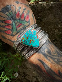 Image 3 of WL&A Handmade Old Style Heavy Ingot Gem Webbed Pilot Mtn Turquoise Row Cuff - 7.25 to 7.5" Wrist