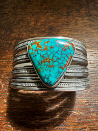 Image 4 of WL&A Handmade Old Style Heavy Ingot Gem Webbed Pilot Mtn Turquoise Row Cuff - 7.25 to 7.5" Wrist