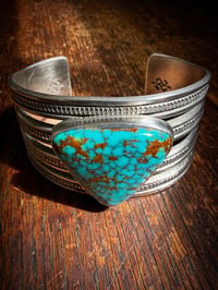 Image 7 of WL&A Handmade Old Style Heavy Ingot Gem Webbed Pilot Mtn Turquoise Row Cuff - 7.25 to 7.5" Wrist