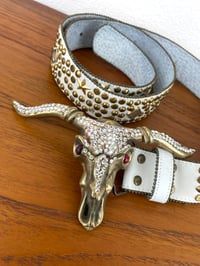 Image 1 of Vintage 1980s Brass Cowskull Crystal Embellished Leather Studded Belt by Chad Calvin