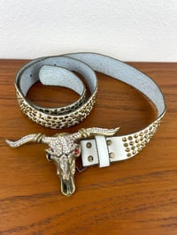 Image 2 of Vintage 1980s Brass Cowskull Crystal Embellished Leather Studded Belt by Chad Calvin