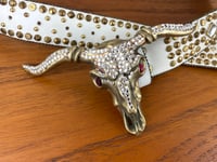 Image 3 of Vintage 1980s Brass Cowskull Crystal Embellished Leather Studded Belt by Chad Calvin